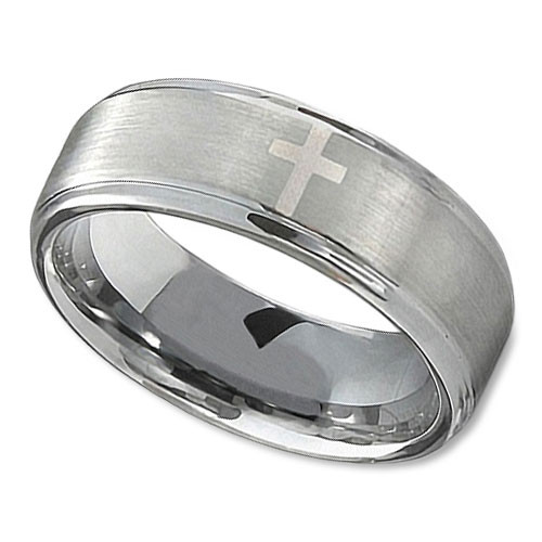 Men S Tungsten Wedding Band In 8mm With Polished Cross Wedding