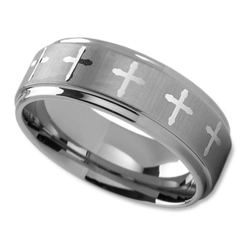 Christian Wedding Ring with Repeating Crosses and Brushed Finish Center