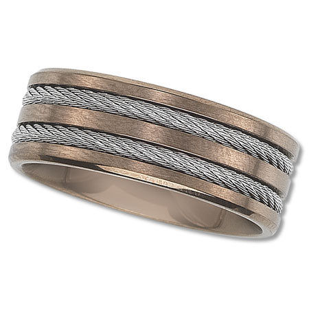 Unisex Wedding Band with Rose Colored Finish and Cable Inlay