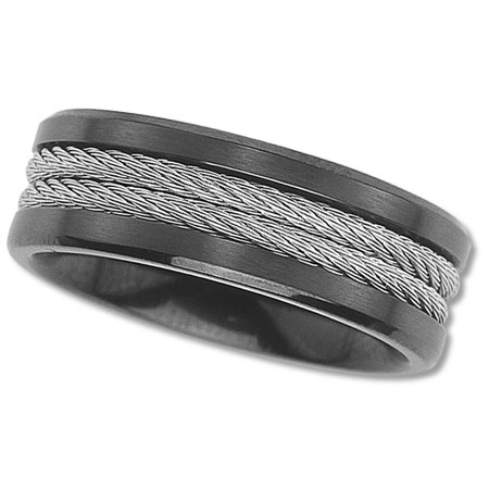 Men's Black Titanium Wedding Band With Stainless Steel Cables size 10.5