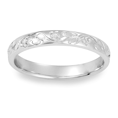 Womens Antique Floral Engraved Wedding Band in 14K White Gold